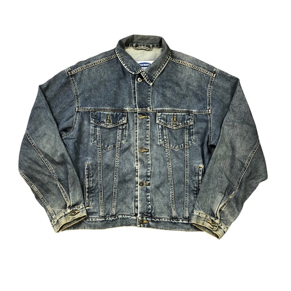 Old Navy Distressed Blue Denim Button Up Jean Jacket Mens L - Picture 1 of 3